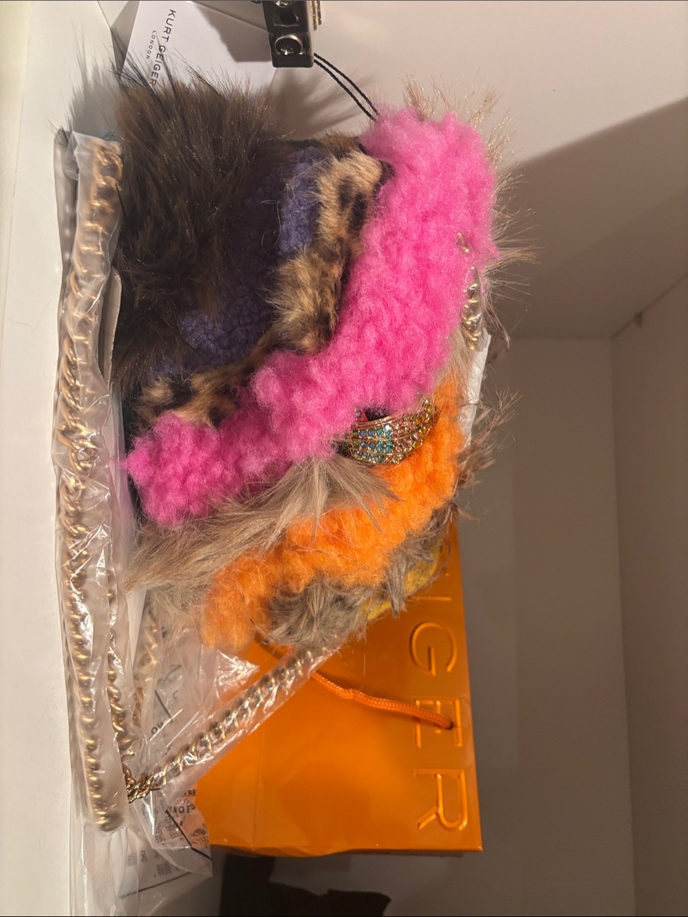 Kurt Geiger Multicolor Faux Fur Crossbody Bag - Pink & Orange Accents NIB tags